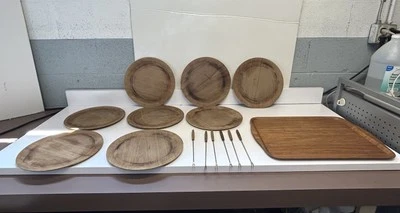 MCM Teak Wooden, 1 Tray, 8 Dinner Plates & Fondo Fork Set (6), Vintage, Used - Image 1 of 4