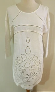 SEAFOLLY White Cotton Linen 3/4 Sleeve Lattice Cut-outs Swim Beach Pool Top S - Picture 1 of 9