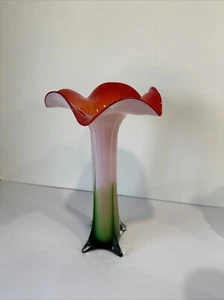 Jarrón trompeta tulipán flor abierta cala lirio rojo verde blanco estilo Murano vidrio artístico - Imagen 1 de 18