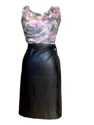 ⭐️⭐️ANNE KLEIN - FALDA LÁPIZ LAZO LATERAL IMITACIÓN CUERO NEGRO ABERTURA TRASERA - NUEVA CON ETIQUETAS - TALLA 8 Foto 1 de 4