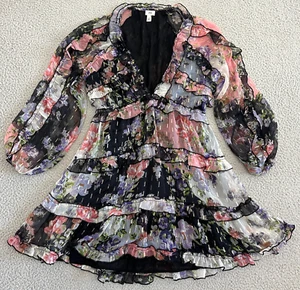River island Paisley Ruffle Tiered Sz 10 Gold Metallic Accent Deep V - Picture 1 of 23