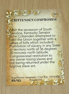 2019 Historic Autographs Civil War Divided base card #20 49/65