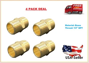 Solid Brass Pipe Fitting, 1/2" x 1/2" NPT Male, Hex Nipple, (4 PACK DEAL) - Picture 1 of 5