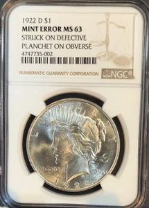 1922 D PEACE SILVER DOLLAR $1 NGC MS 63 MINT ERROR STRUCK ON DEFECTIVE PLANCHET - Picture 1 of 3