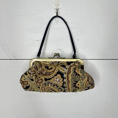Paradox • Black Tan Embroidered Paisley Sequin Small Vintage Style Purse - Image 1 of 4