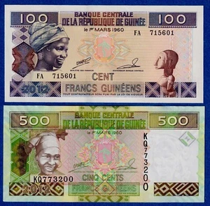 Guinea Set of 2 - 100 & 500 Francs (2012) Picks 35b-39b  UNC Banknotes - Picture 1 of 2