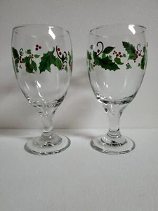 Holiday Holly Pedestal Ice Tea or Wine Glasses Set of Two Marked L Libbey Glass - Picture 1 of 16