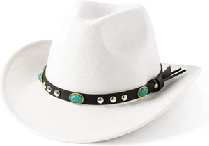 White Western Cowboy, Cowgirl Hat, Turquoise Strap, Men Women Retro Wide Brim - Picture 1 of 2