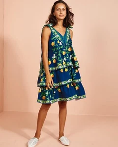 Binny Dress Palladio Blue Lemons Size AU10 US6 Cotton Linen Tiered skirt Summer - Bild 1 von 11