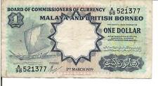 MALAYA & BRITISH BORNEO, ONE DOLLAR,P#8A, Printer TDLR 1959