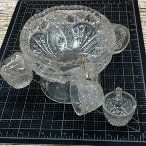 Vintage Mear Cut Mini Punch Bowl Set w/ Cups Diamond Cut Doll House Decor - Picture 1 of 10