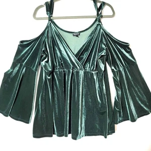 Top Torrid para mujer hombro frío talla 3 X mangas campana verde esmeralda ropa de vacaciones - Imagen 1 de 14