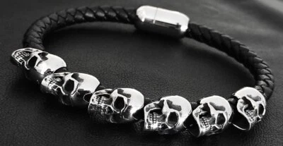 Totenkopf Schädel Anhänger Armband Leder Edelstahl Herren Schmuck Biker AE044 - Bild 1 von 4
