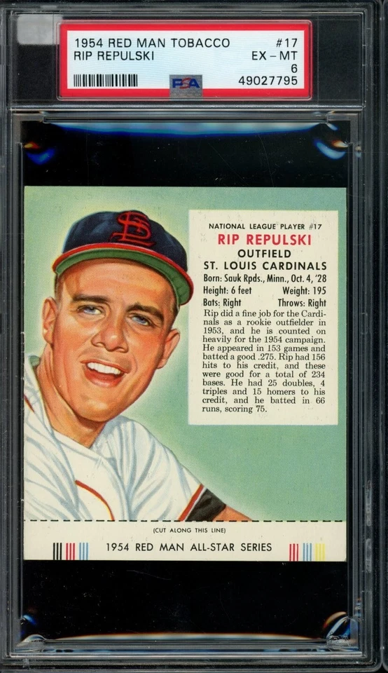 1954 Red Man Tobacco #17 Rip Repulski Cardinals With Tab PSA 6 EX-MT LOOK! SL - Image 1 of 2
