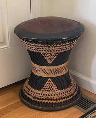 Pier 1 Leather Wicker Rattan BOHO Ottoman Stool Chair - Изображение 1 из 4