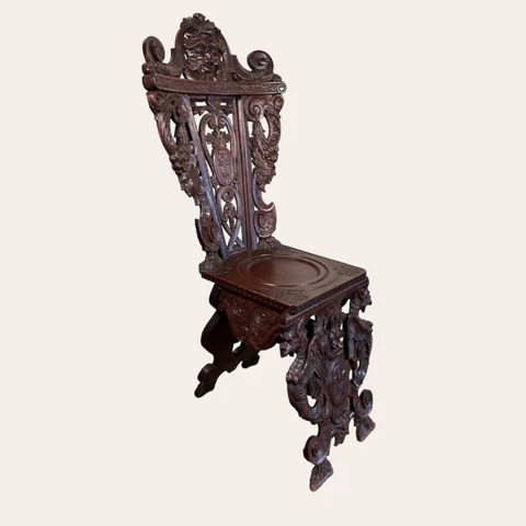 Antique Italian Renaissance Ornate Carved 19th C. Walnut Figural Sgabello Chair Cover