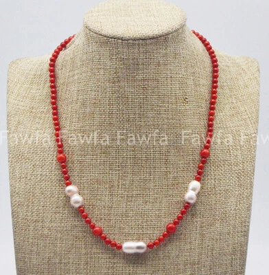 Ожерелье из натурального круглого красного коралла 4/8 мм и фиолетового барочного жемчуга 10x15 мм 18 дюймов - Изображение 1 из 4