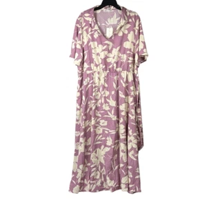 Keluummi Dress Womens 20 Plus Floral Maxi Short Sleeve Tie Waist Collared Purple - Picture 1 of 11