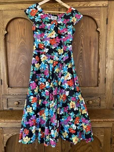 Lanz vintage floral cotton midi dress size 13? S M 6 8 black pink green red - Picture 1 of 8