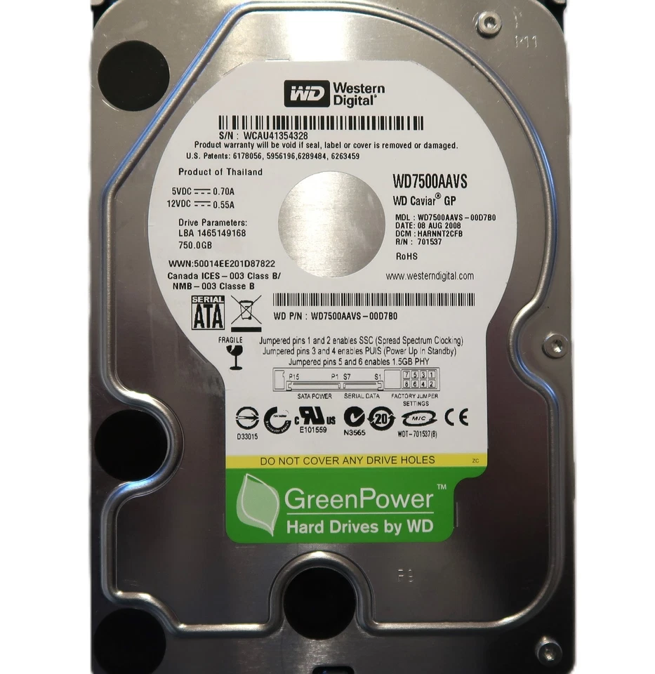 WD7500AAVS-00D7B0 DCM: HARNHT2CFB (WCAU) Thailand 3.5" 750gb Sata HDD 08/2008 - Image 1 of 1