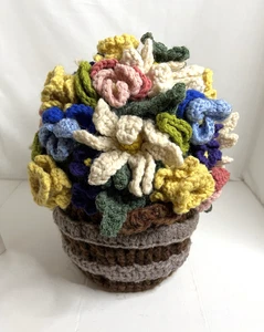 Handcrafted Crocheted Flowers in Crocheted Basket with Handles 13" T x 11" Dia. - Picture 1 of 5