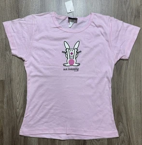 Y2K Jim Benton Happy Bunny “Not Listening” Pink T Shirt Women Size M - Picture 1 of 9