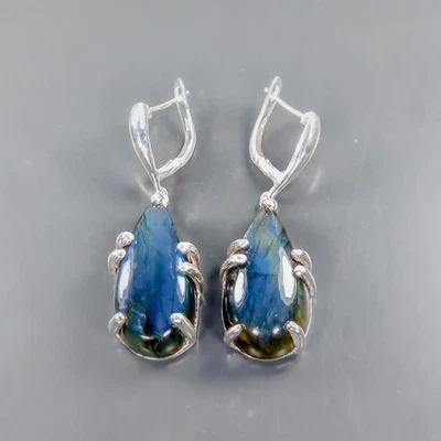 Unique 55 ct Natural Labradorite Earrings 925 Sterling Silver /B-E0470 - Image 1 of 4