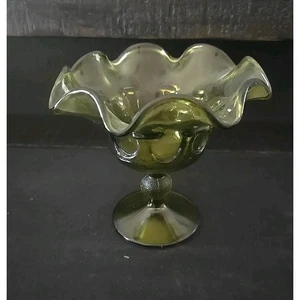 Vintage Green Glass Ruffled Edge Footed Candy Dish Bowl Compote Decor 5.25" tall - Picture 1 of 5