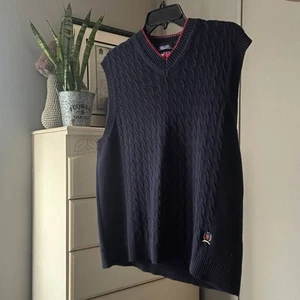Vintage 90s Tommy Hilfiger Navy Knit Sweater Vest V-neck Men's XL Preppy Golf  - Picture 1 of 10