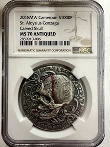 NGC MS70 Cameroon 2018 St. Aloysius Gonzaga Carved Skull Silver Coin 1oz COA - Picture 1 of 2
