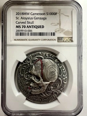 NGC MS70 Cameroon 2018 St. Aloysius Gonzaga Carved Skull Silver Coin 1oz COA - Image 1 of 2