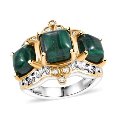 African Malachite & Zircon 7.10ctw Verdant Crown Sz6 Ring 18K Vermeil YG Silver  - Image 1 of 4