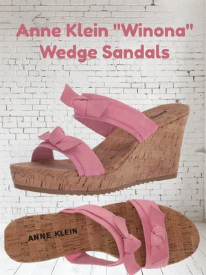 Women's Sandals Ann Klein Winona Size 7 Cork Pink Suede Upper Straps High Wedge - Image 1 of 4
