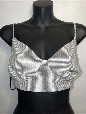 ¡NUEVO CON ETIQUETAS! Top corto a rayas Forever 21 para mujer azul blanco mezcla de lino talla L Foto 1 de 3