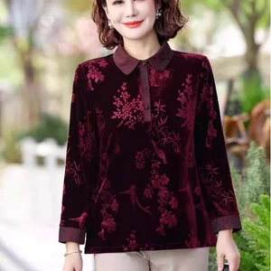Women Velvet Shirts Tops Blouse Floral T-shirts Casual Plush Retro Fashion - Picture 1 of 16