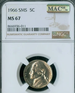 1966 SMS JEFFERSON NICKEL NGC MS67 PQ MAC SPOTLESS . - Picture 1 of 2