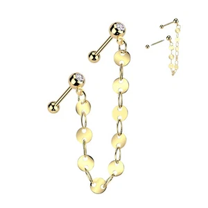 Double Cartilage Ear Piercing Gold Steel Chain With Discs And Barbells - Picture 1 of 1