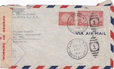 1940 USA IIWW censored cover sent from Flushing NY to Cairns QLD Australia - Image 1 of 2