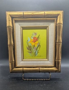 Gemälde Floral gelbe Narzisse auf grünem Hintergrund Bambus Design Rahmen 8" x 9" - Bild 1 von 9