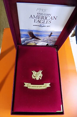 1995 10º ANIVERSARIO Prueba Oro Plata Águila Juego de 5 Monedas Caja Estuche Certificado de Autenticidad Sin Monedas Foto 1 de 3