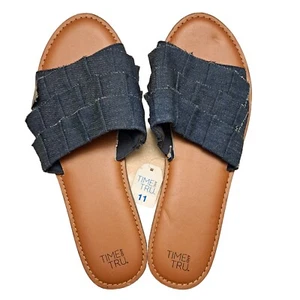 NEW Time and Tru Women’s Denim Flats Slip On Sandals Faux Leather Size 11 - Picture 1 of 7