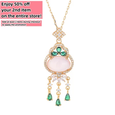 Jade Crystal Pendant Necklace Charm 18K Gold Plated Chain Flower Dainty Gemstone - Image 1 of 4