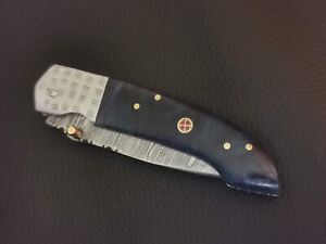 DAMASCUS STEEL CUSTOM MADE POCKET FOLDING KNIFE RESIN HANDLE W/SHEATH 7877