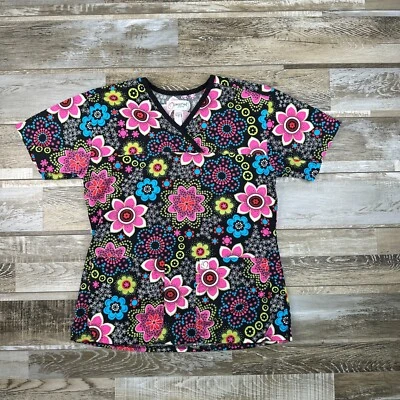 Mujer S Melocotones Uniformes Top Negro Floral Enfermera Médica Foto 1 de 4