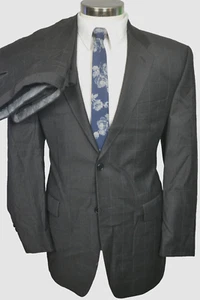 Calvin Klein Mens Brown & Blue Windowpane Wool 2pc Suit 42R Jacket 37x31 Pant - Picture 1 of 10