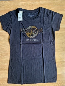 HRC Hard Rock Cafe Singapore Black Tee Gold Logo Girls Size M NWT Gemestone - Picture 1 of 5