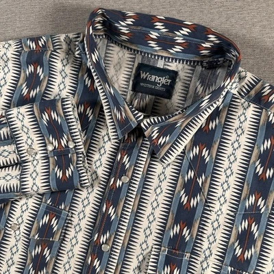 Camisa Wrangler Western Para Hombres 2XL Azul Geométrica Azteca Perla Broches Vaquero Rodeo Foto 1 de 4