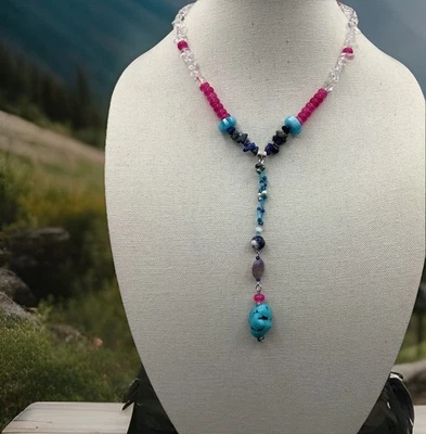 Artisan Hot Pink Chalcedony And Turquoise Lariat Necklace By Haobalabu - Image 1 of 4