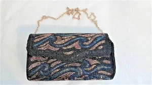 Swirl Bead Bag 7.5" x 4" Hard Case Bag By DeLill Handmade In Macau Gold Chain - Picture 1 of 4