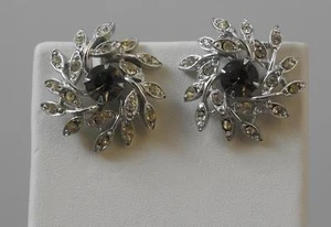 Vintage Blatt Blume klar grau Strass silberfarben Clip Ohrringe 1 1/8" G26 - Bild 1 von 11